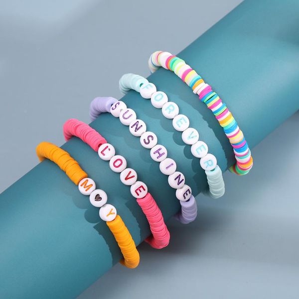 

bangle boho handmade rainbow polymer clay bracelet bangles for women flat round beads love letter elastic rope bracelets summer jewelry, Black