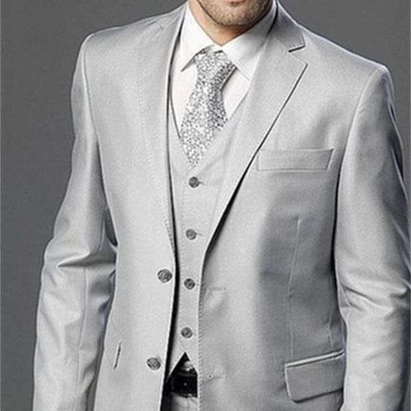 

men's suits & blazers thin two light gray buttons notch groom's lapel tuxedo man wedding ball jacket + pants vest tie] dns9, White;black