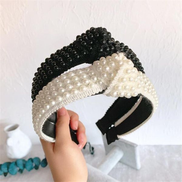 

handmade women simulated-pearls knot bow hairbands white black wide beaded headwraps elegant simple headbands hair hoop1