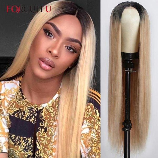 

synthetic wigs forcuteu straight hair ombre blonde wig long for black women middle part heat resistant fiber cosplay