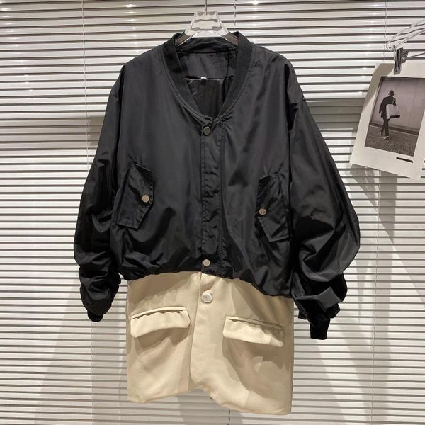 

women's jackets fashion show flight jacket splicing design fake two-piece coat 2021 autumn outwear, Black;brown