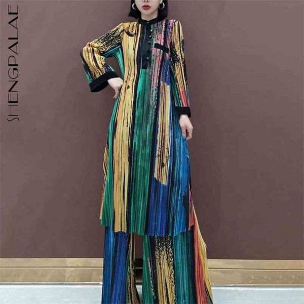 

shengpllae elegant temperament spring stand collor loose striped pleated dress and pants women's two piece sets female 210427, White