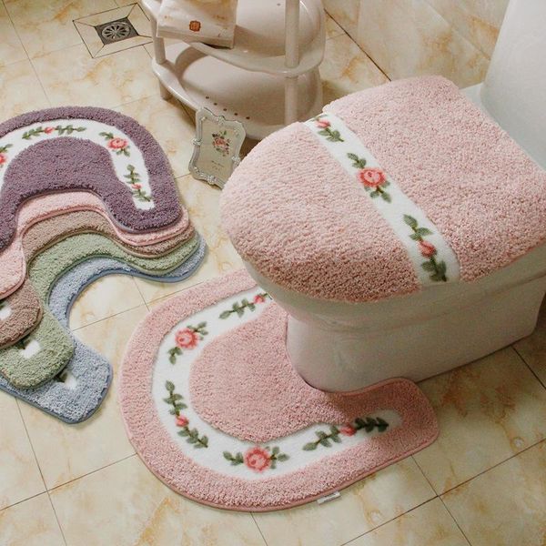 

pastoral style toilet rug flower pattern bathroom mat set u shape carpets floor decor bath fiber lid cover mats