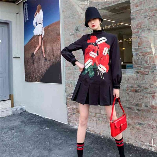 

casual dresses rose print black pleated mini women autumn ladies stand collar long sleeve korean fashion clothing ksrq, Black;gray