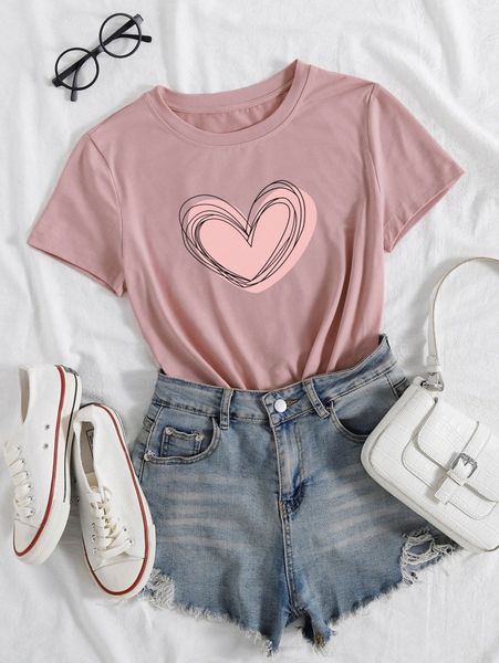 

heart print round neck tee h520#, White