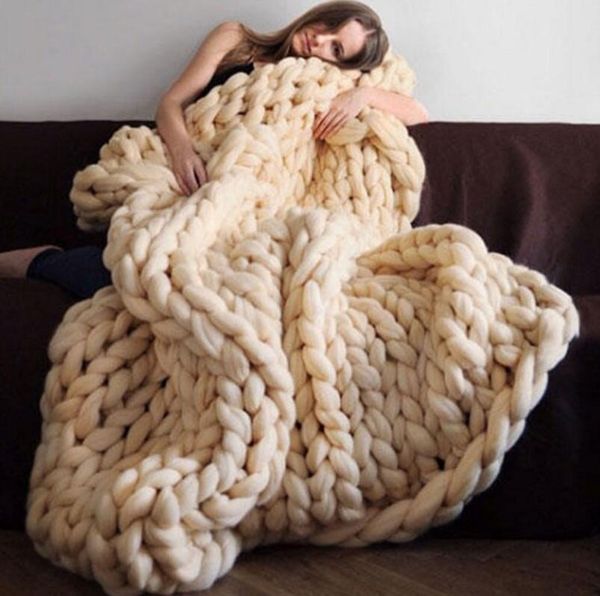 

blankets nordic simple solid color thick wool hand-woven blanket knitted sofa cover thread