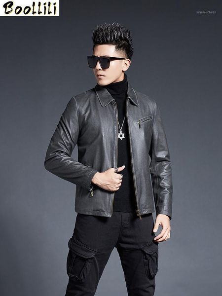 

Men's Leather & Faux Boollili Genuine Jacket Men Spring Autumn Cowhide Biker Motorcycle Sheepskin Coat Veste Cuir Homme, Black