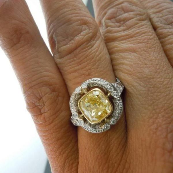 

design women ring princess cut yellow cubic zircon ethnic engagement wedding for female quality rings, Slivery;golden