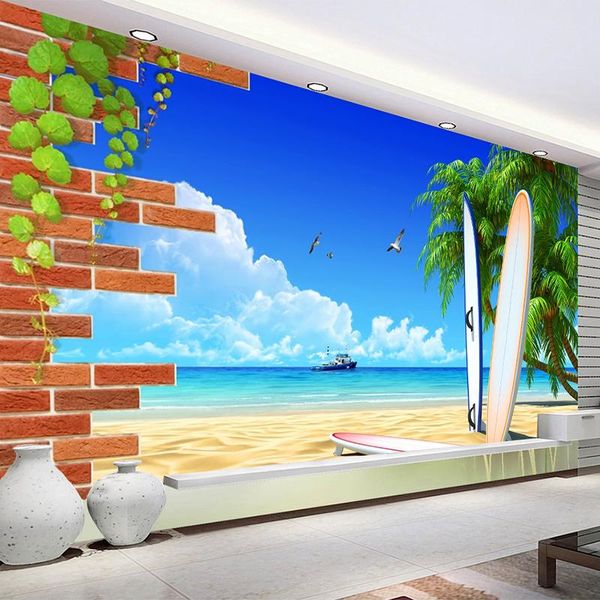 Sfondi Murale personalizzato Wall Art 3D Stereoscopico Mattone Spiaggia sabbiosa Albero di cocco Po Sfondo Carta da parati Pittura Soggiorno