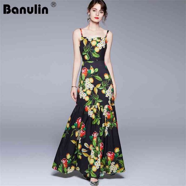 

banulin fashion runway summer spaghetti strap dress women floral print sleeveless elegant bodycon holiday long maxi 210603, Black;gray