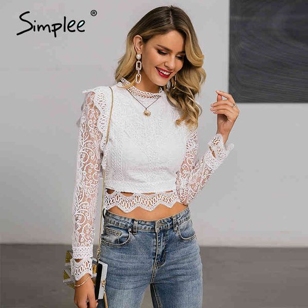 Sexy branco laço mulher blusa camisa de manga longa camisas de tartleneck oco para fora elegante festa de festa curto feminino 210414