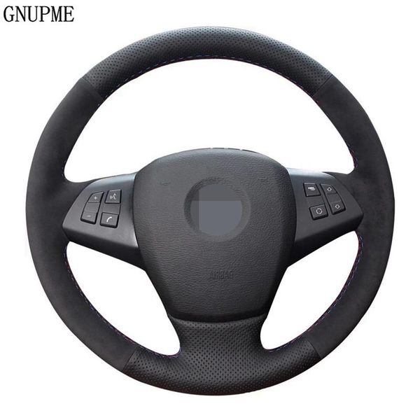 

hand-stitched car steering wheel covers soft black genuine leather suede cover for x5 e70 2006-2013