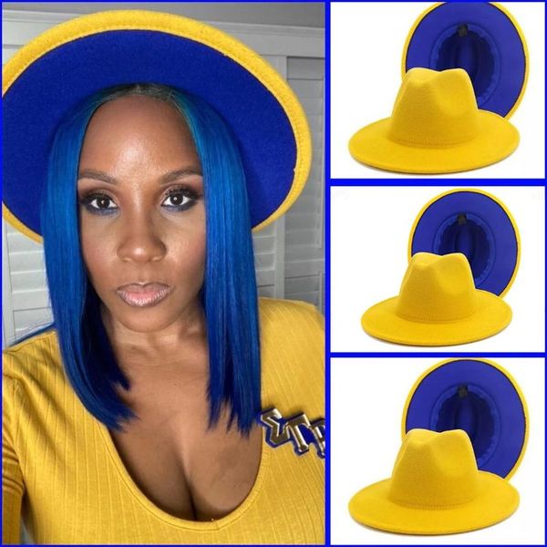 

wide brim hats fashion two tone fedora for women 2021 color wool felt panama jazz autumn hat men, Blue;gray