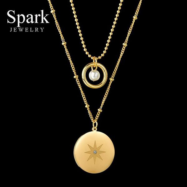 

pendant necklaces spark stainless steel octagonal star necklace round pearl double-layer chain beads for women party gift, Silver