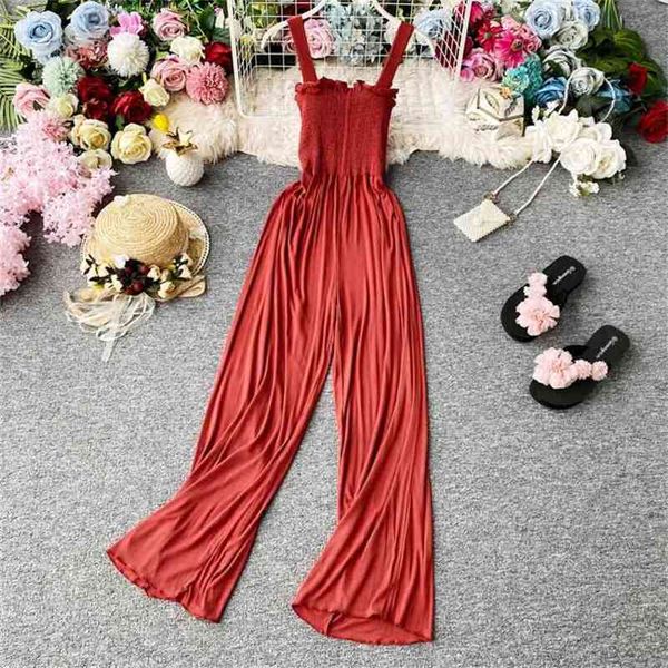 Mulheres Jumpsuits Verão Spaghetti Strap Alto Cintura Calças Reta Planta Negra Romper Senhoras Playsuits Casuais 210525