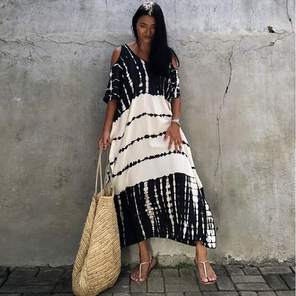

bohemian white black striped summer womens dress plus size clothes v neck cold shoulder lady loose dresses n1244, Black;gray