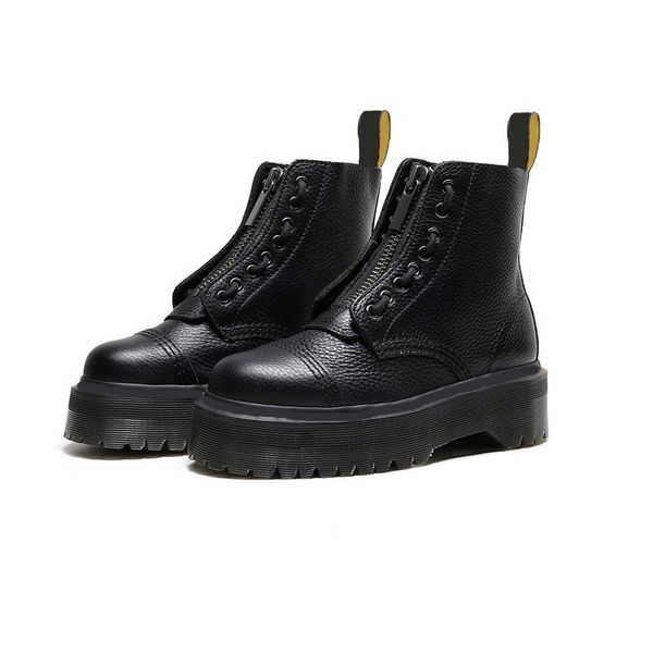 

women platform martin boots 8 holes front zipper soft leather designer short ankle booties black frauen stiefel
