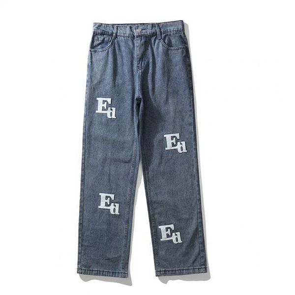 

men's jeans leather letter embroidery washed pants for men and women streetwear oversize straight retro casual baggy denim trousers, Blue