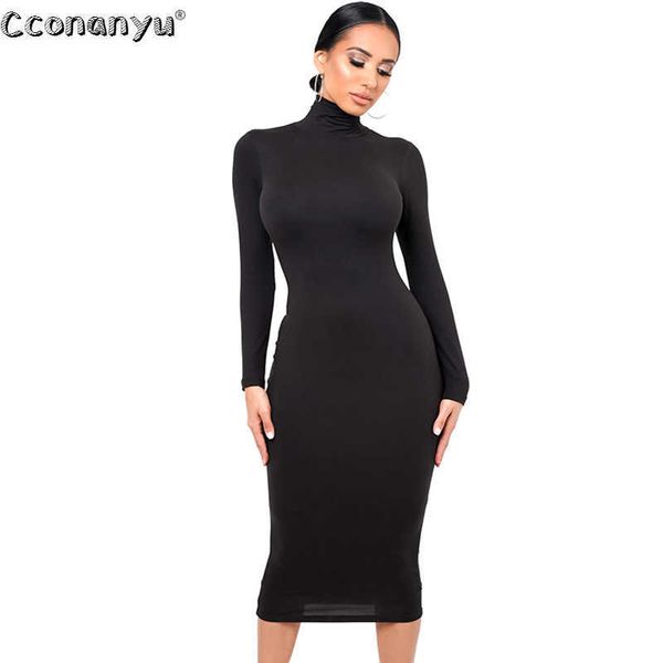 Winter Black Turtleneck Sexy Mulheres Vestido Outono Manga Longa Skinny Midi Boydcon Casual Azul Clube de Partido Do Joelho de Alongão 210706