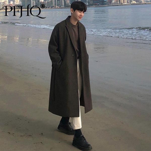 

men's wool & blends pfhq men autumn winter thickened woolen coat medium long over the knee korean single button overcoat with belt 21d5, Black