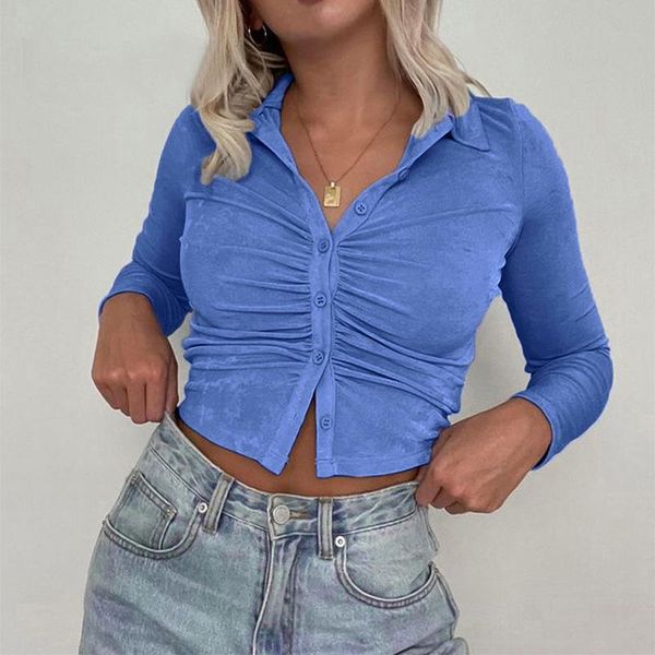 

women's t-shirt women solid color close-fitting turn-down collar long sleeve folds crop streetwear, White
