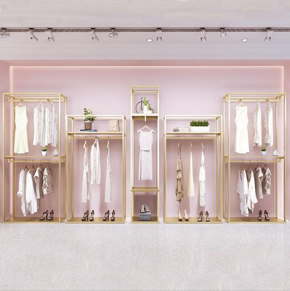 Свадебное платье магазин стойки коммерческая мебель дисплей полки одежда стойки двойной вешалка железо золотой этаж стиль