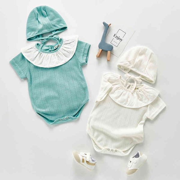 Sommer Baby Strampler Süße Mädchen Bodysuit Lotus Blatt Kragen Weicher Furz Creeper mit Hut 210429