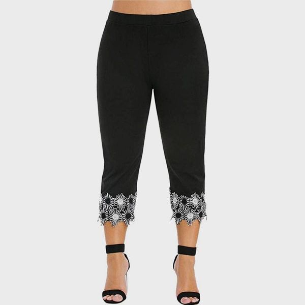 

women's leggings plus size women fitness elastic high waist female trousers capris sweatpants lace floral applique calf-length pants, Black