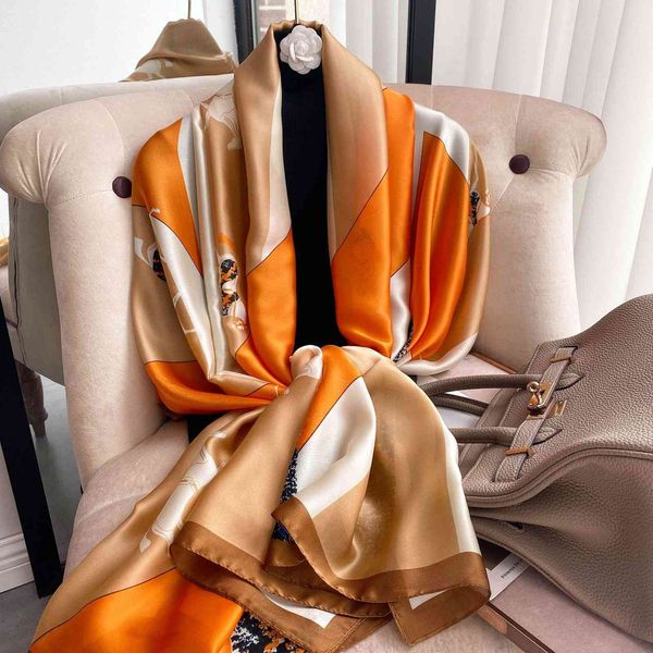 

70% off design 2021 spring and autumn women's long imitation printed silk scarf sun shading decoration beach towel versatile air, Black;purple