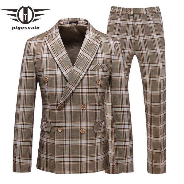 

men's suits & blazers plyesxale brand double breasted mens suit for men wedding slim fit khaki plaid male party prom man q1047, White;black