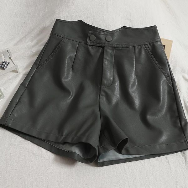 

women's shorts fitaylor spring autumn women high street waist buttons faux leather pu casual solid color wide leg, White;black