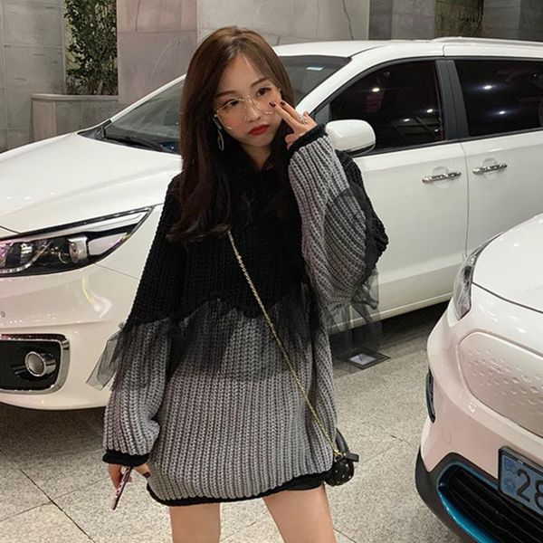 

women's sweaters fall loose patchwork 2021 mesh lazy contrast color fashion personality matching pullovers autumn winter, White;black