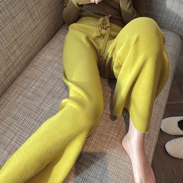

women's pants & capris knitted wide-leg autumn and winter all-match high waist drape feeling thin loose casual straight mopping trouser, Black;white