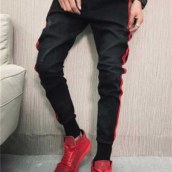 

men's jeans waist disterressed denim pencil pants teenager hiphop street mens designer men skinny elastic q393, Blue