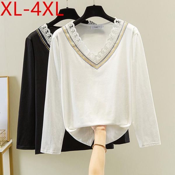 

plus size t-shirt missfansiqi spring autumn women lace v neck long sleeve cotton large loose casual tees xl 2xl 3xl 4xl, Black