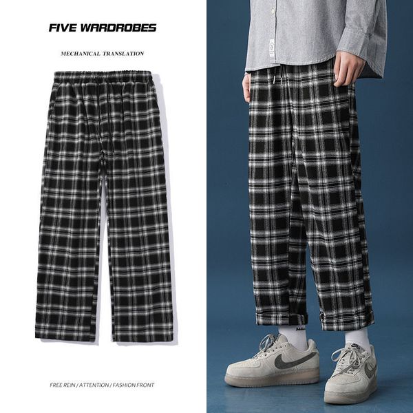 

pant drawstring plaid men's fashion casual men streetwear korean loose hip-hop straight wide-leg pants mens trousers, Black