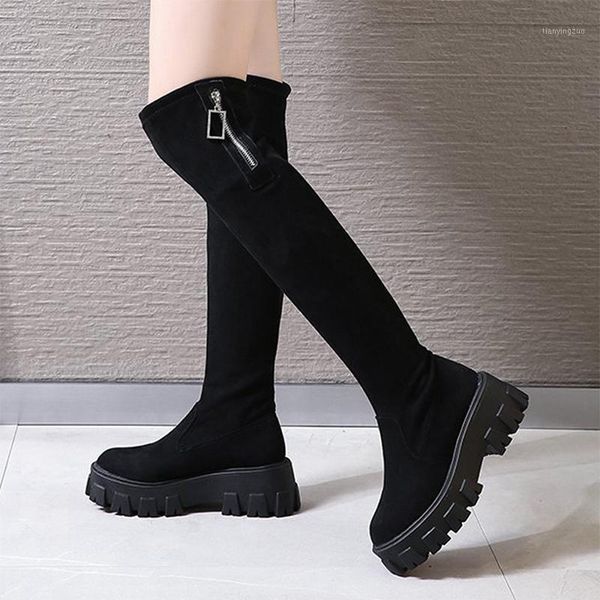 

boots women winter knee high 2021 female pu leather flat platform cool zip women's footwear non-slip woman shoes dropship1, Black