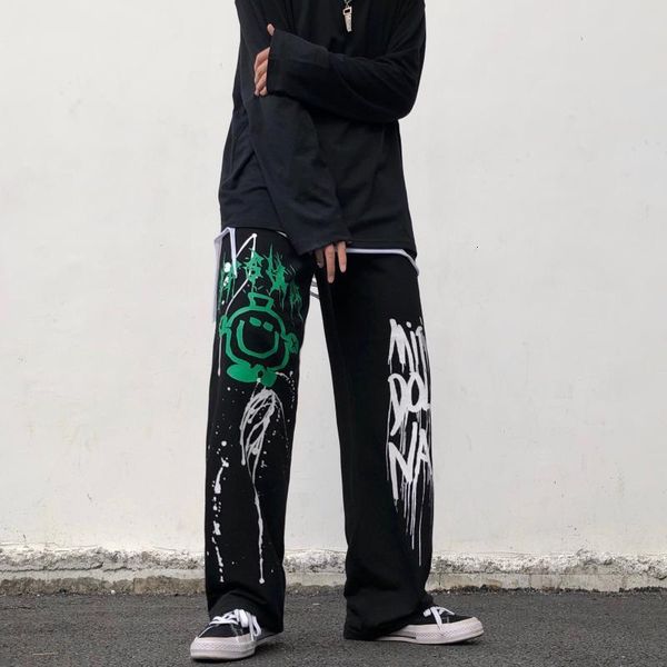 

men's pants korean-style hippie pants, baggy lady harajuku slacks with cartoons. 5mxk, Black