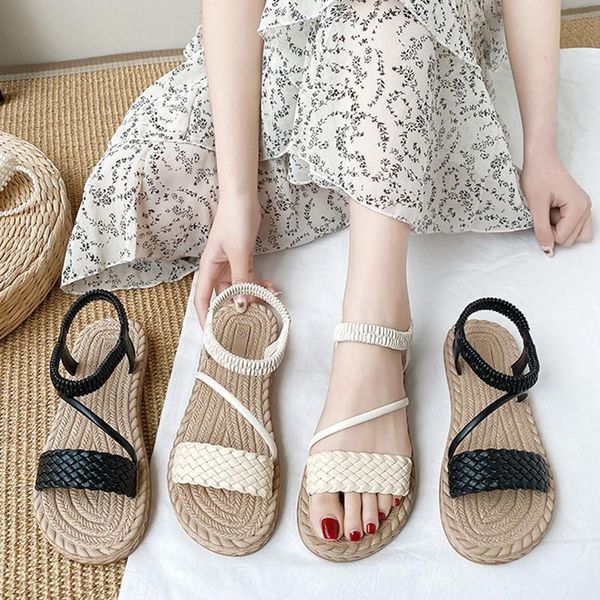 

sandals 2021 comfort shoes for women all-match suit female beige clear heels fashion low elastic band flat summer black