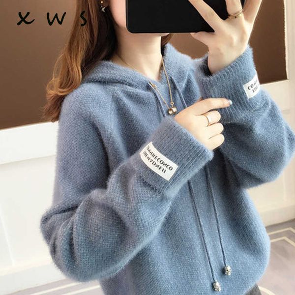

women oversized sweater and pullovers hooded pull jumpers autumn korean knit sweaters purple pink knitwear pull 210604, White;black