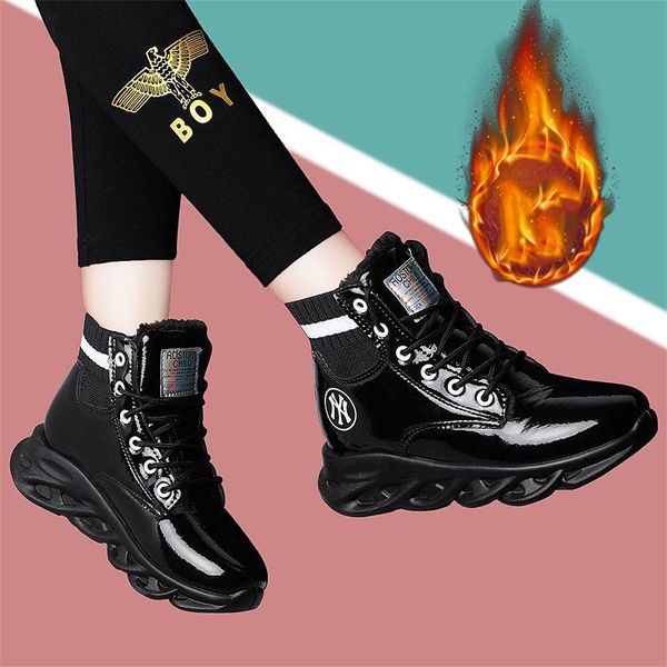 

boots winter plus velvet snow women patent leather sequins platform sneakers fashion casual shoes british style ankle, Black