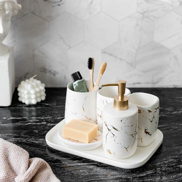 

white marble pattern 6/set bathroom household shower gel shampoo dispenser bottle mouthwash cup toothbrush tube soap dish bath accessory set