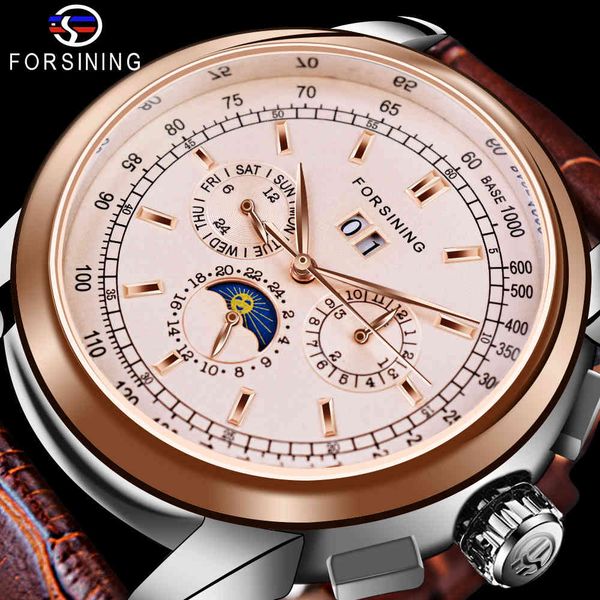 

refining moon phase shanghai movement rose gold case brown leather band men watching brand luxury automatic self wind clock, Slivery;brown