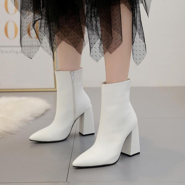 

boots all-match root high heel pointed 19 winter plain face women's shoes, Black