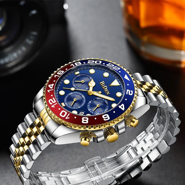 

wristwatches biden watch mens quartz multifunction chronograph sports watches fashion waterproof military luxury full steel wristwatch, Slivery;brown