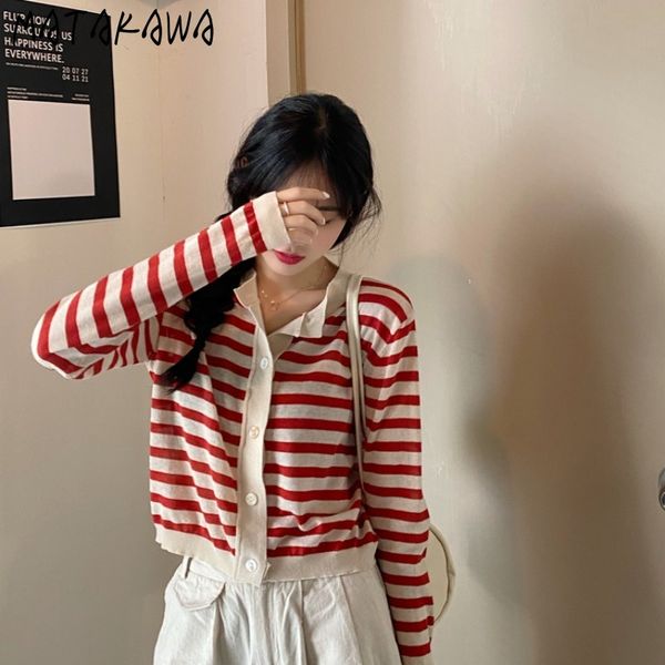 Matakawa listrado camisola O-pescoço das mulheres mola coreana solta japonesa camisolas de moda doce Doce fino de manga longa cardigan top 210513