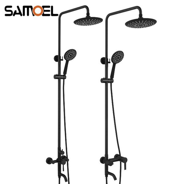 

wall-mounted economic matte black stainless steel shower faucet set mixing valve with 8 inch showerhead st345 bathroom sets