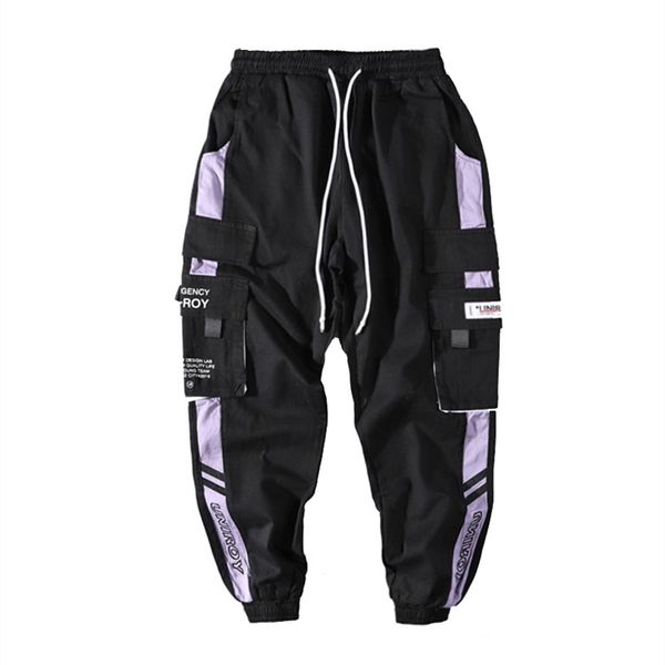 

hip hop ribbons cargo pants men joggers mens streetwear military fashion male elastic waist pant cotton black 210715