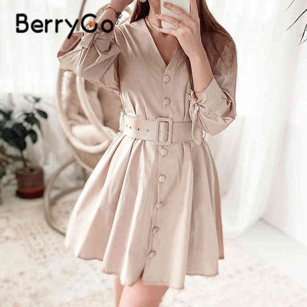 

berrygo elegant high waist v-neck long-sleeved women dress button short lace-up female dresses spring cotton solid vestidos 210513, Black;gray