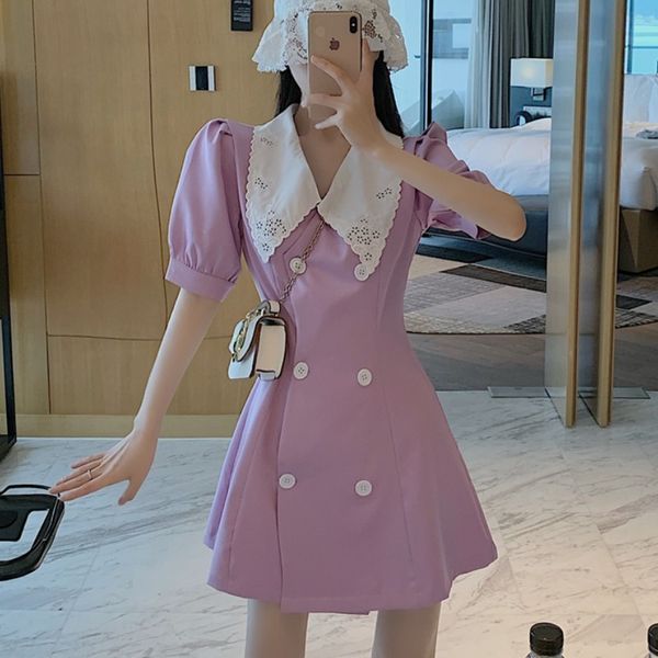 

summer women purple dress turn down collar short sleeves double-breasted mini vestidos office lady wearing 210518, Black;gray